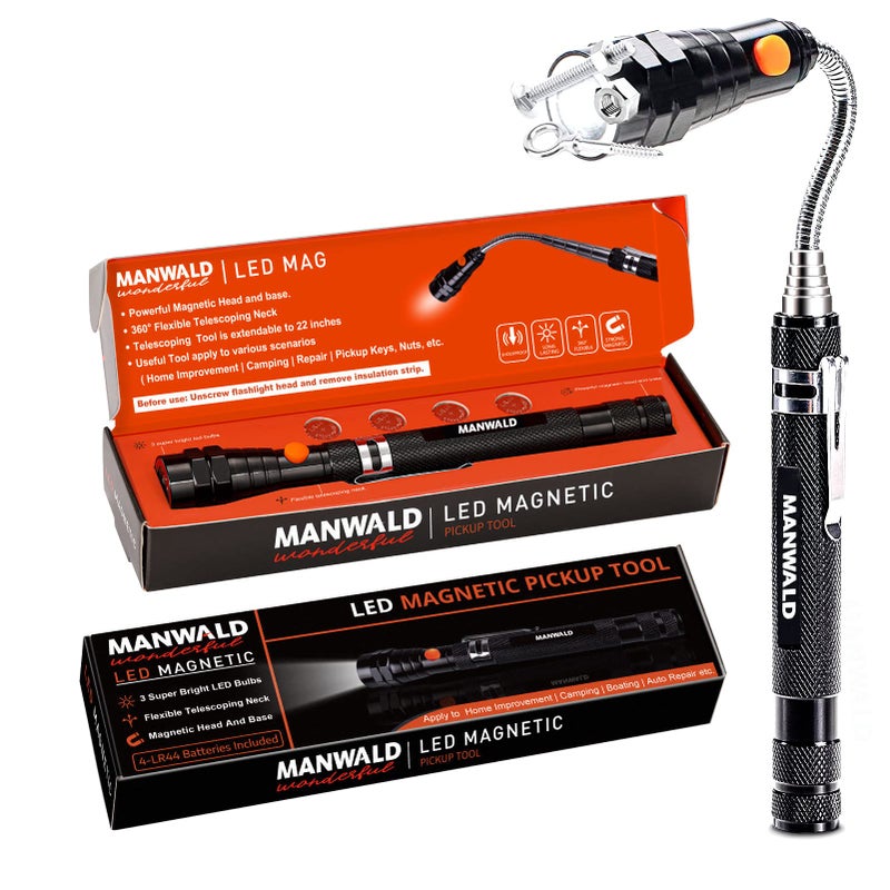 LED Magnetic Pickup Tools Christmas Stocking Stuffers for Men Adults Telescoping Magnetic Flashlights with Extendable Magnet Stick Birthday Gifts for Men Him Dad Boyfriends Black